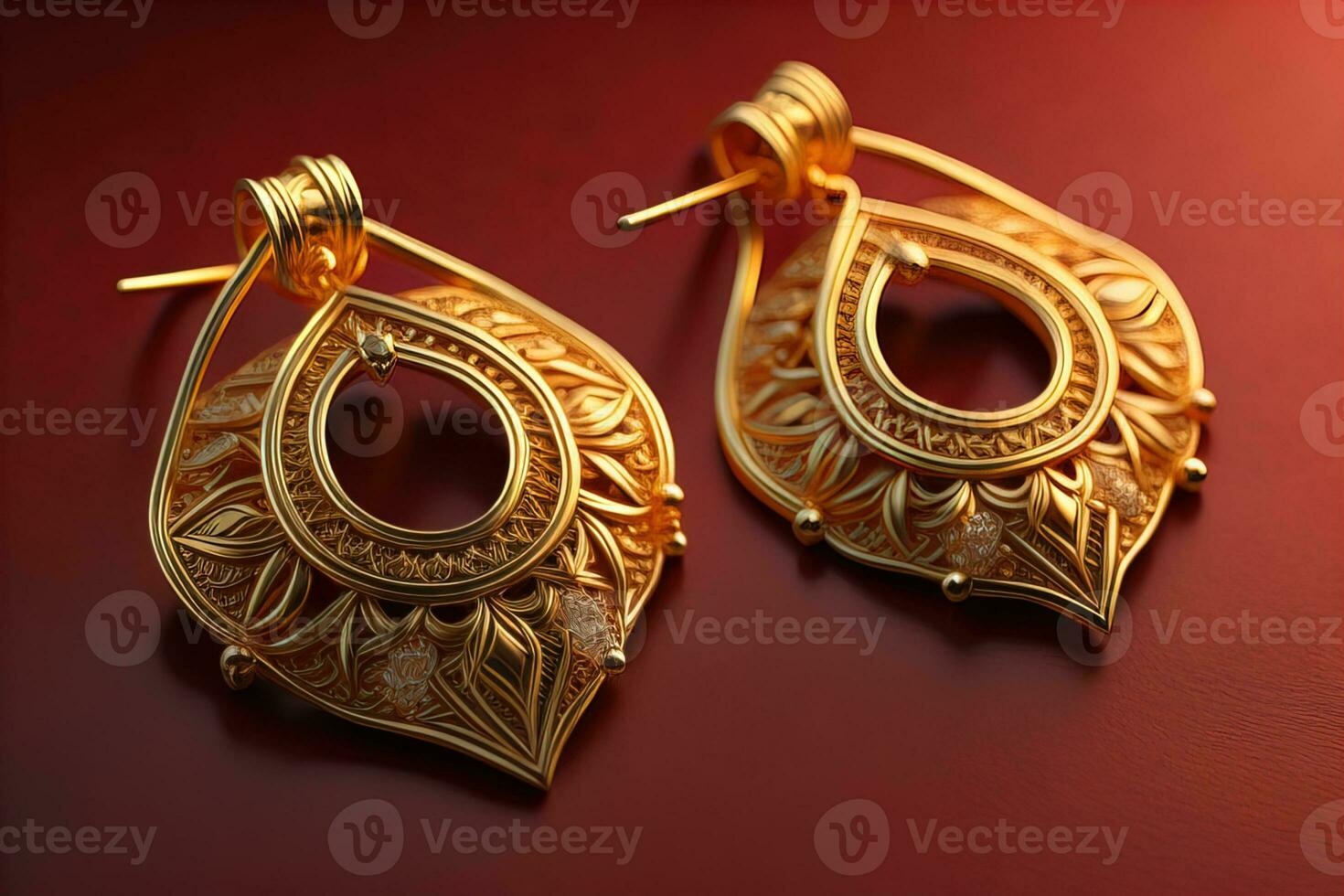 Earrings made of gold on a solid color background close up. ai generative photo