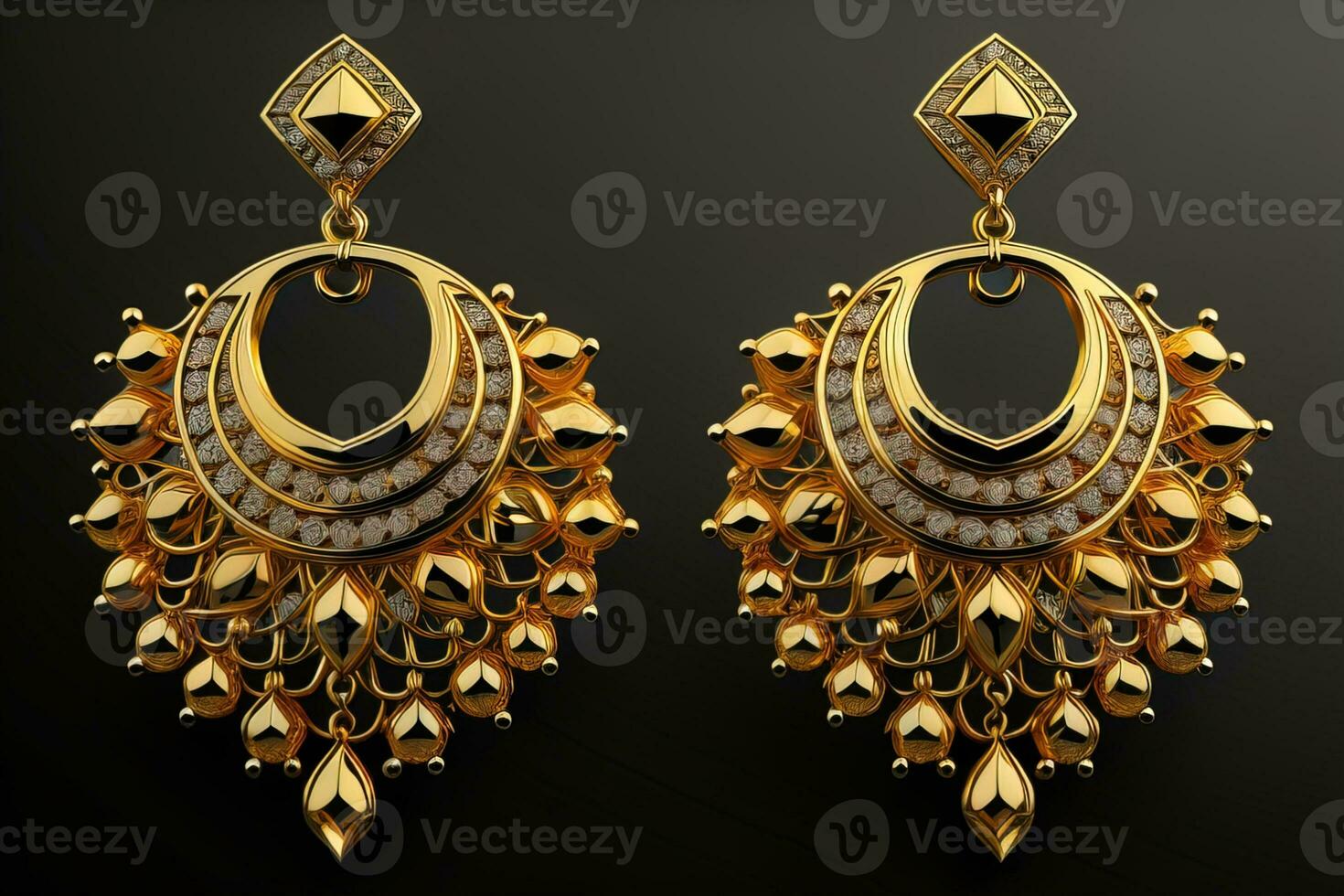 Earrings made of gold on a solid color background close up. ai generative photo