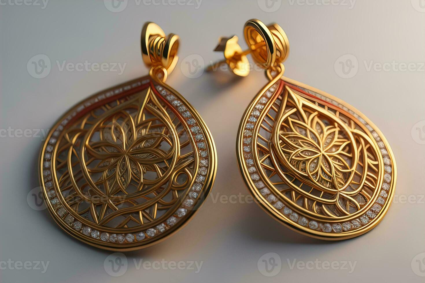 Earrings made of gold on a solid color background close up. ai generative photo