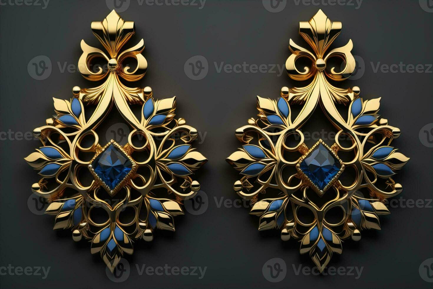 Earrings made of gold on a solid color background close up. ai generative photo