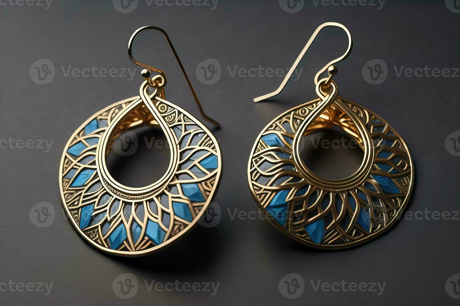 Earrings made of gold on a solid color background close up. ai generative photo