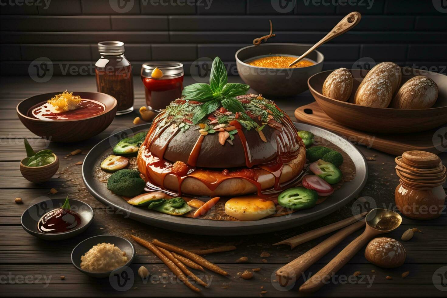 Homemade hamburger with fresh vegetables and spices on dark wooden background. ai generative photo