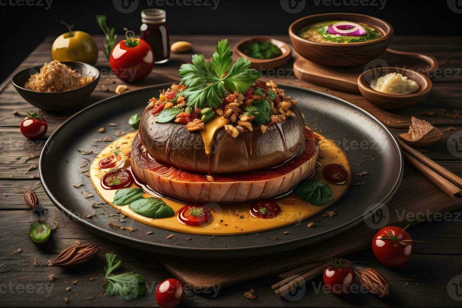 Homemade hamburger with fresh vegetables and spices on dark wooden background. ai generative photo