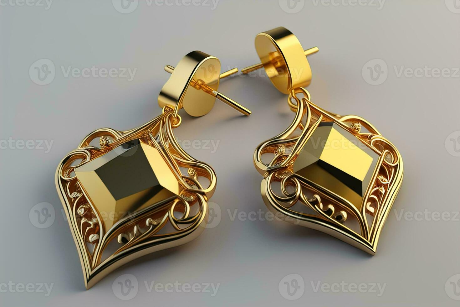 Earrings made of gold on a solid color background close up. ai generative photo