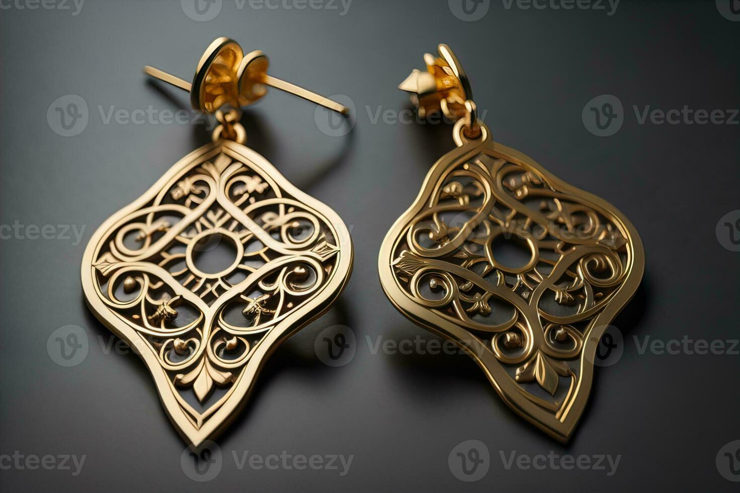 Earrings made of gold on a solid color background close up. ai generative photo