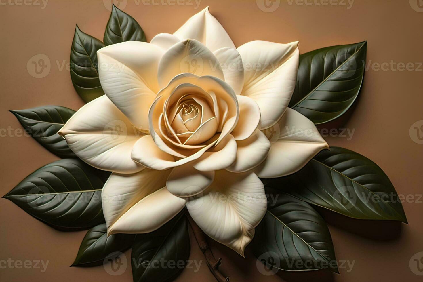 White rose with green leaves on a solid color background, top view. ai generative photo