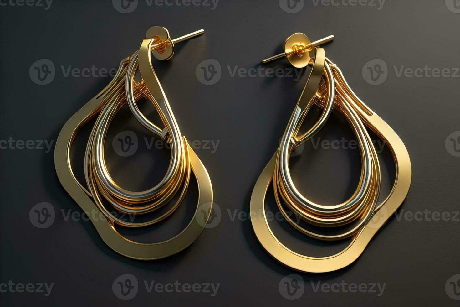 Earrings made of gold on a solid color background close up. ai generative photo
