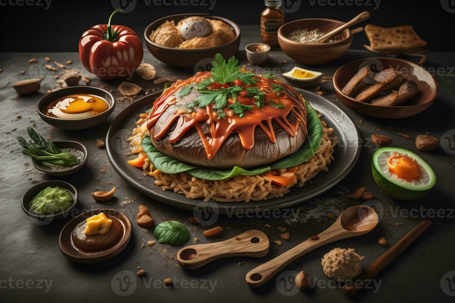 Homemade hamburger with fresh vegetables and spices on dark wooden background. ai generative photo