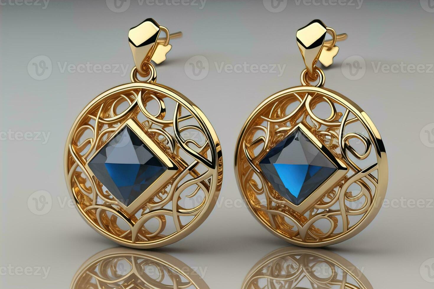 Earrings made of gold on a solid color background close up. ai generative photo