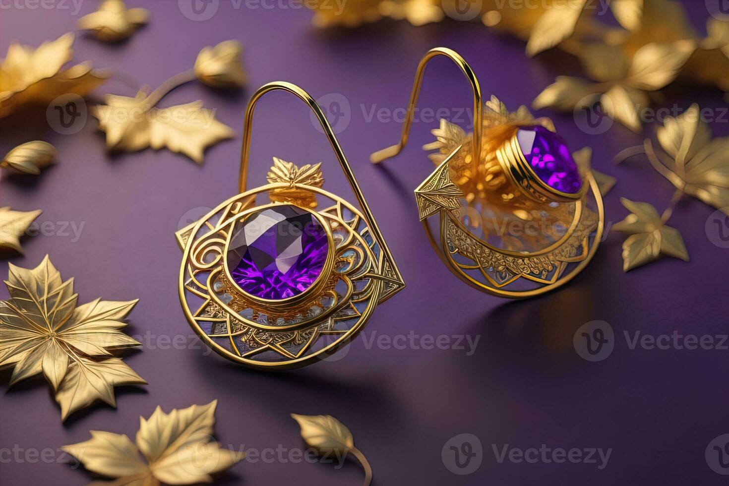 Earrings made of gold on a solid color background close up. ai generative photo