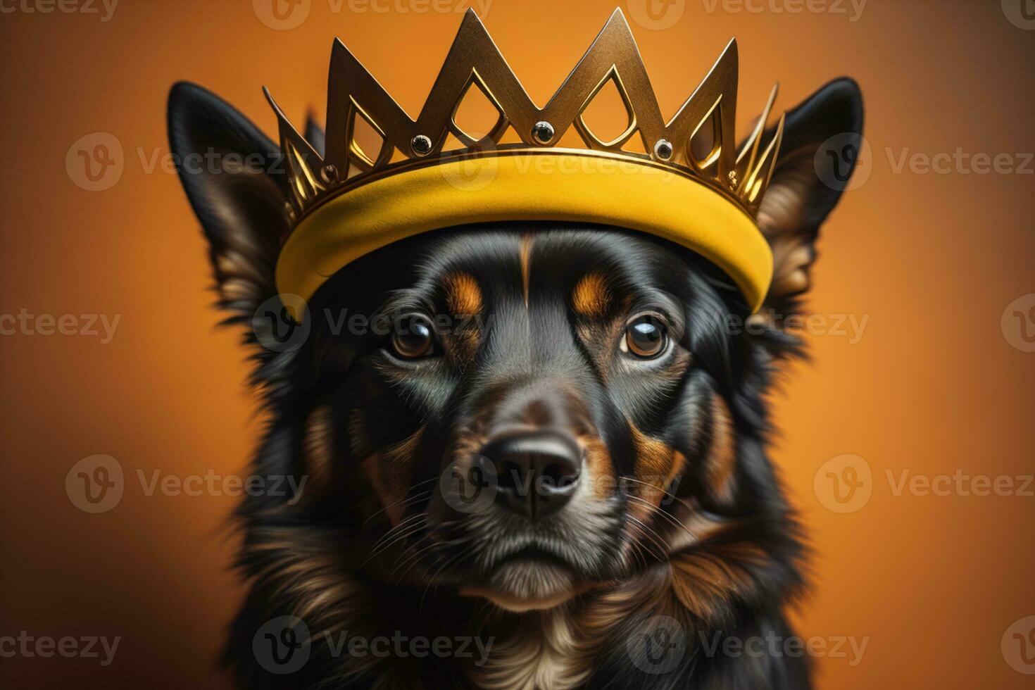 Portrait of a cute dog in a golden crown on a solid color background. ai generative photo