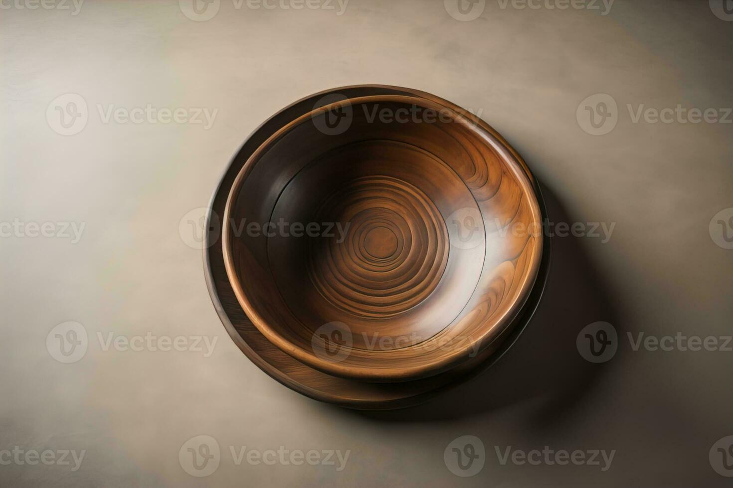 Empty wooden bowl on wooden background. Top view. Copy space. ai generative photo