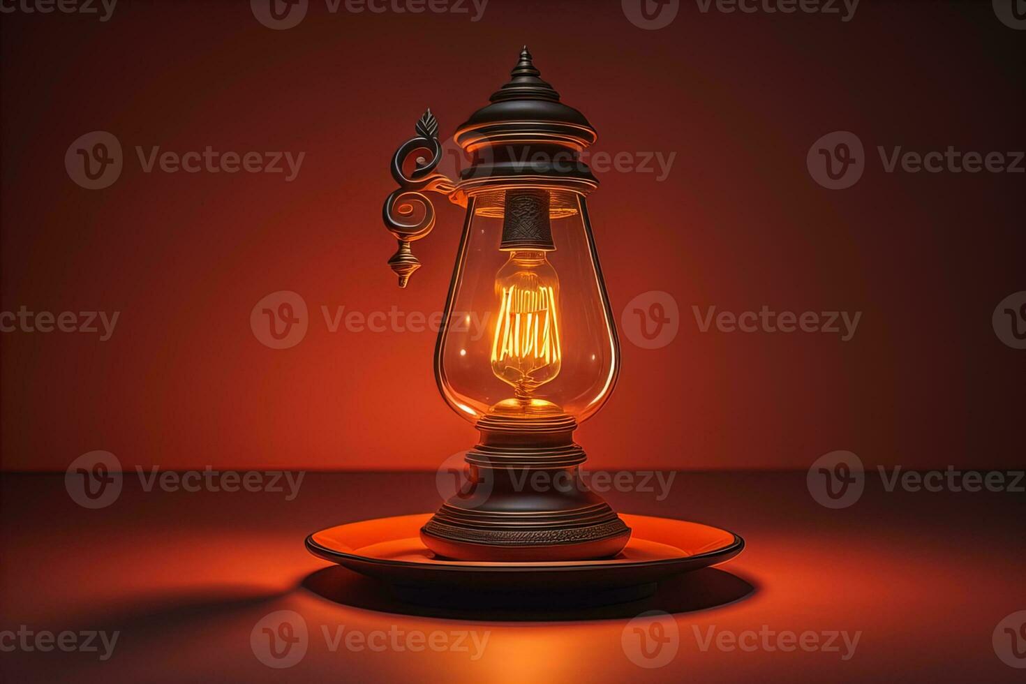 Lantern on a wooden table and a dark background. ai generative photo