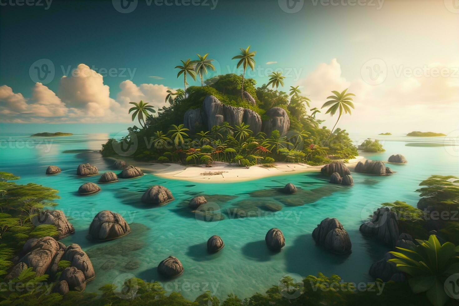 Tropical beach with palm trees and white sand. ai generative photo