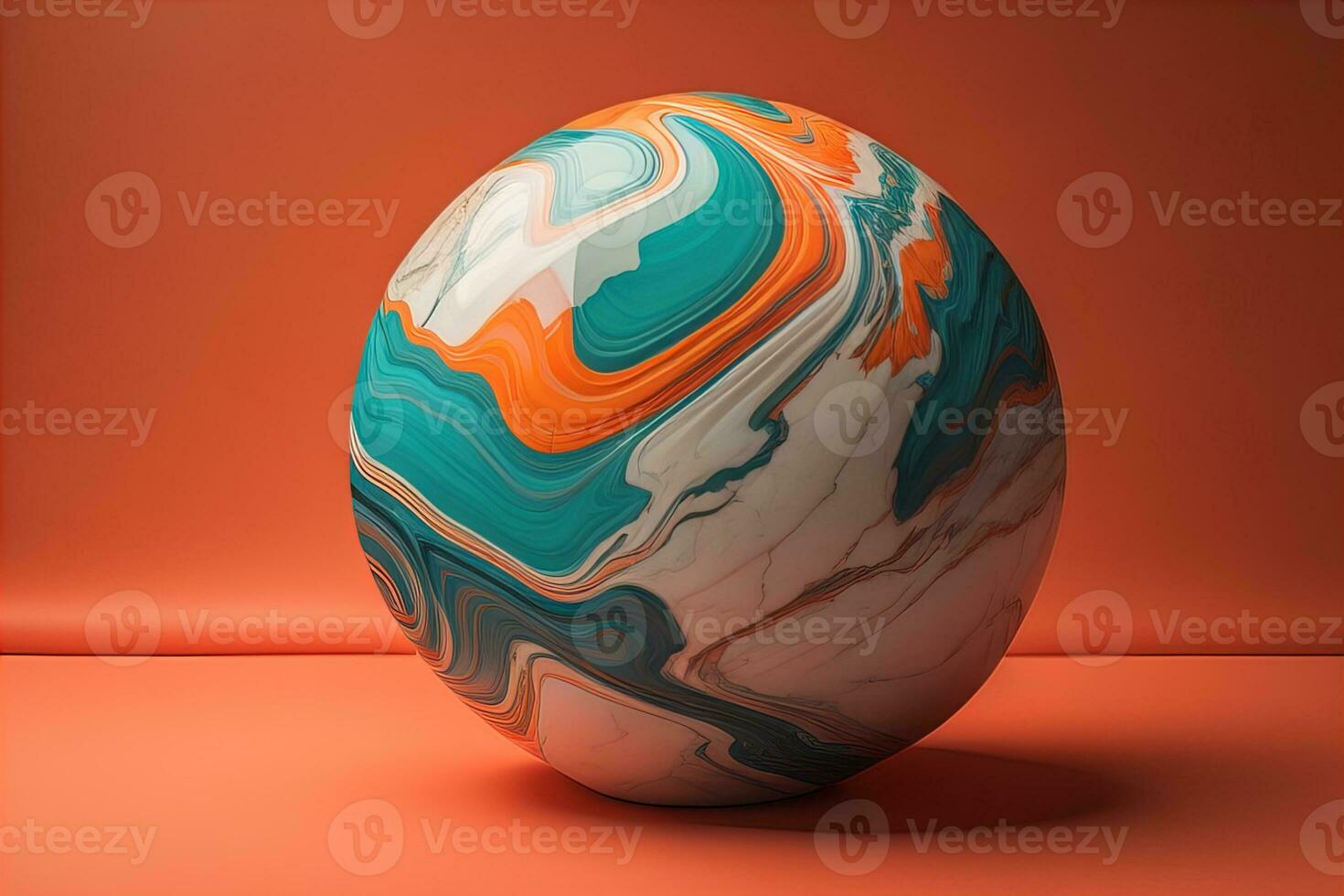 Colorful marble ball on a solid colour background. Close-up. ai generative photo