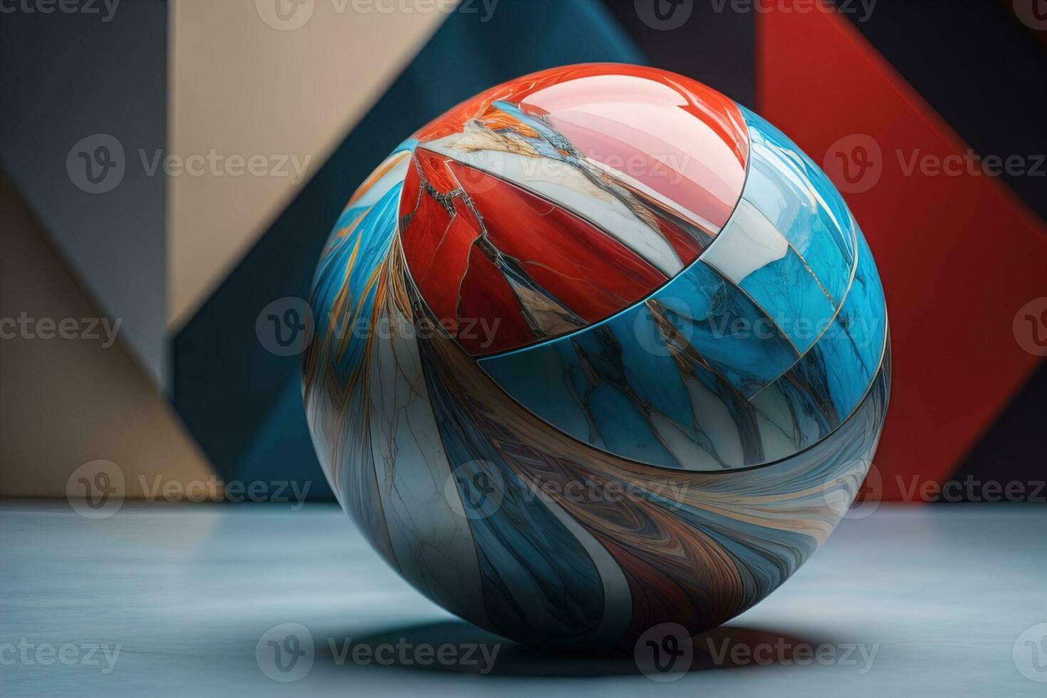 Colorful marble ball on a solid colour background. Close-up. ai generative photo