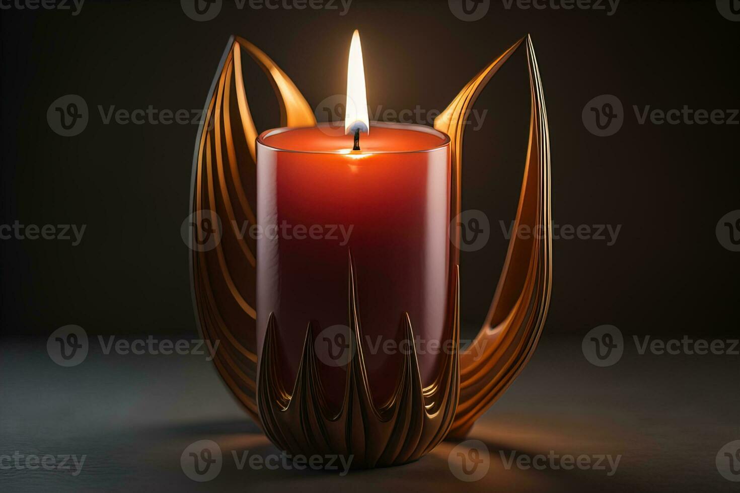 Burning aroma candle on wooden table against solid color background, copyspace. ai generative photo