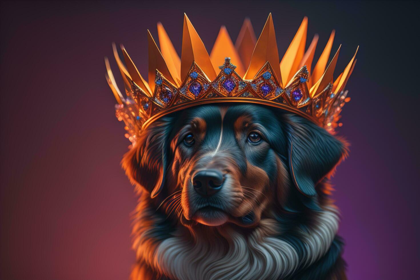 Portrait of a cute dog in a golden crown on a solid color background. ai generative photo