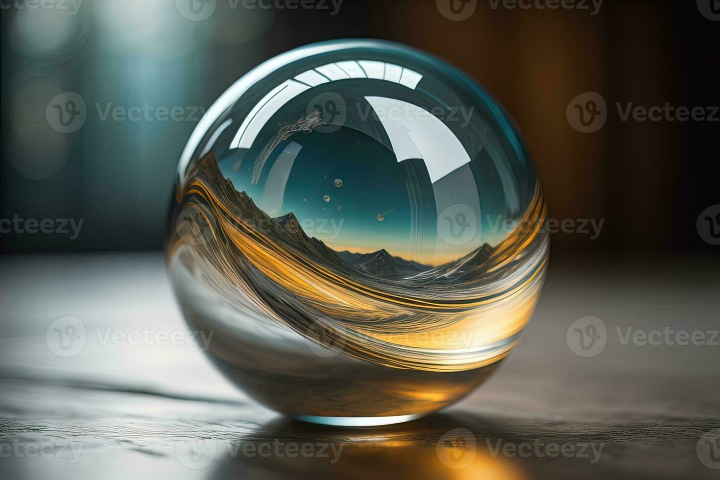 Transparent crystal ball on a wooden table. ai generative photo