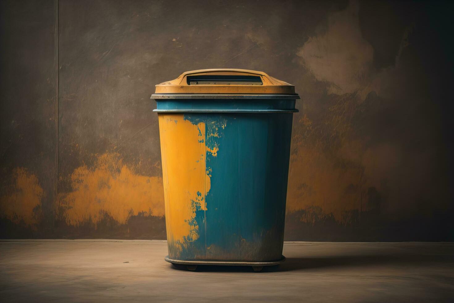 Garbage can on a colorful wall background, vintage color tone style. ai generative photo