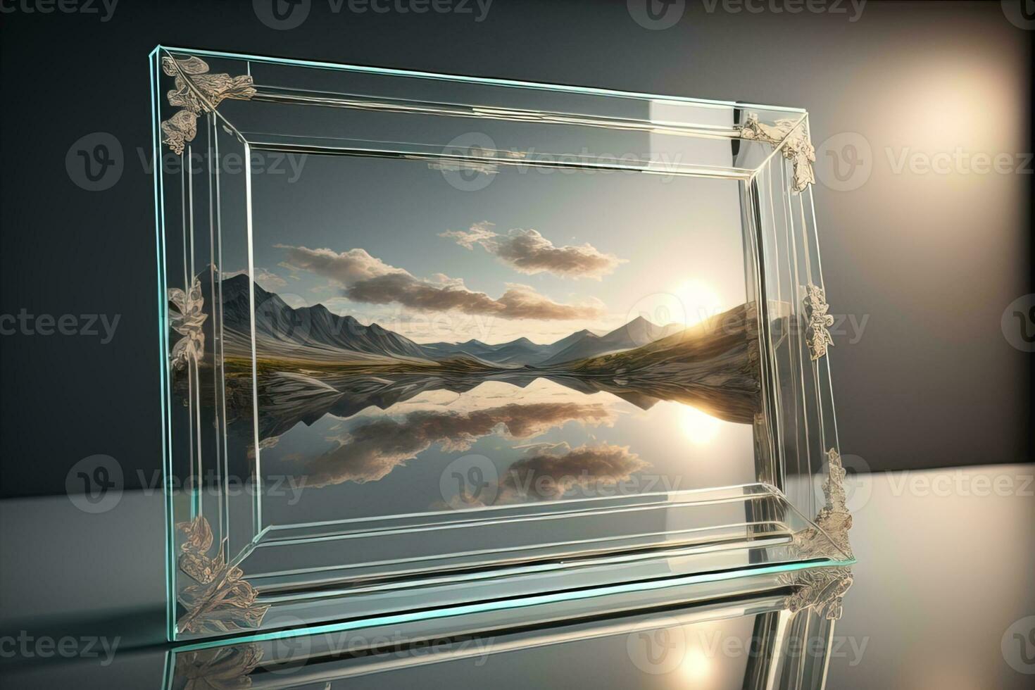Glass picture frame on a solid color background. ai generative photo
