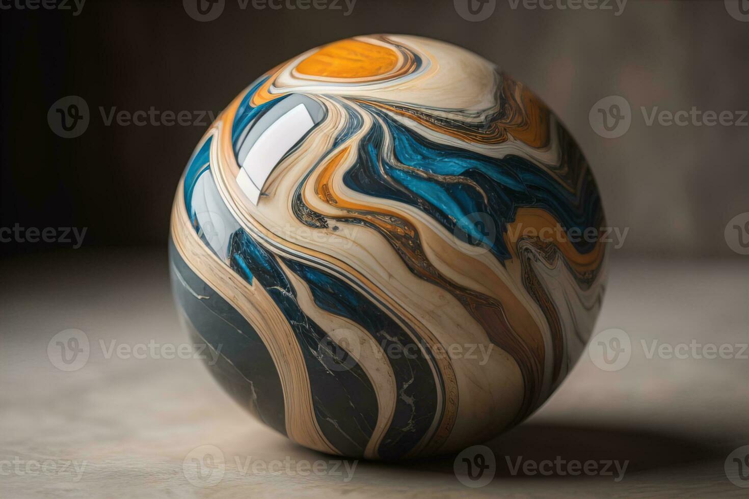 Colorful marble ball on a solid colour background. Close-up. ai generative photo
