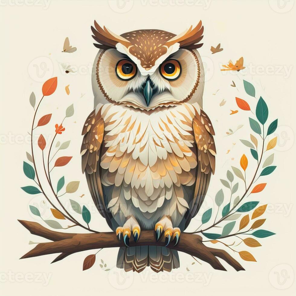 Owl sitting on a branch with leaves. Vector illustration in retro style. ai generative photo