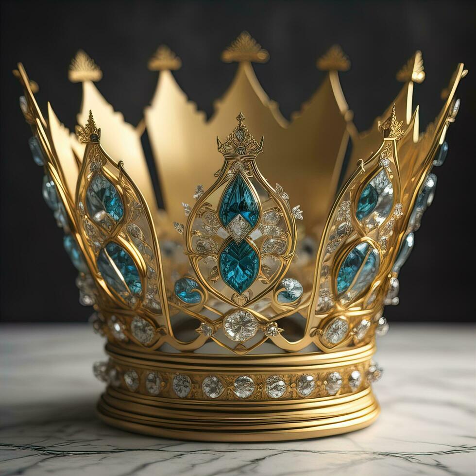 low key image of beautiful golden queen, king crown. ai generative photo
