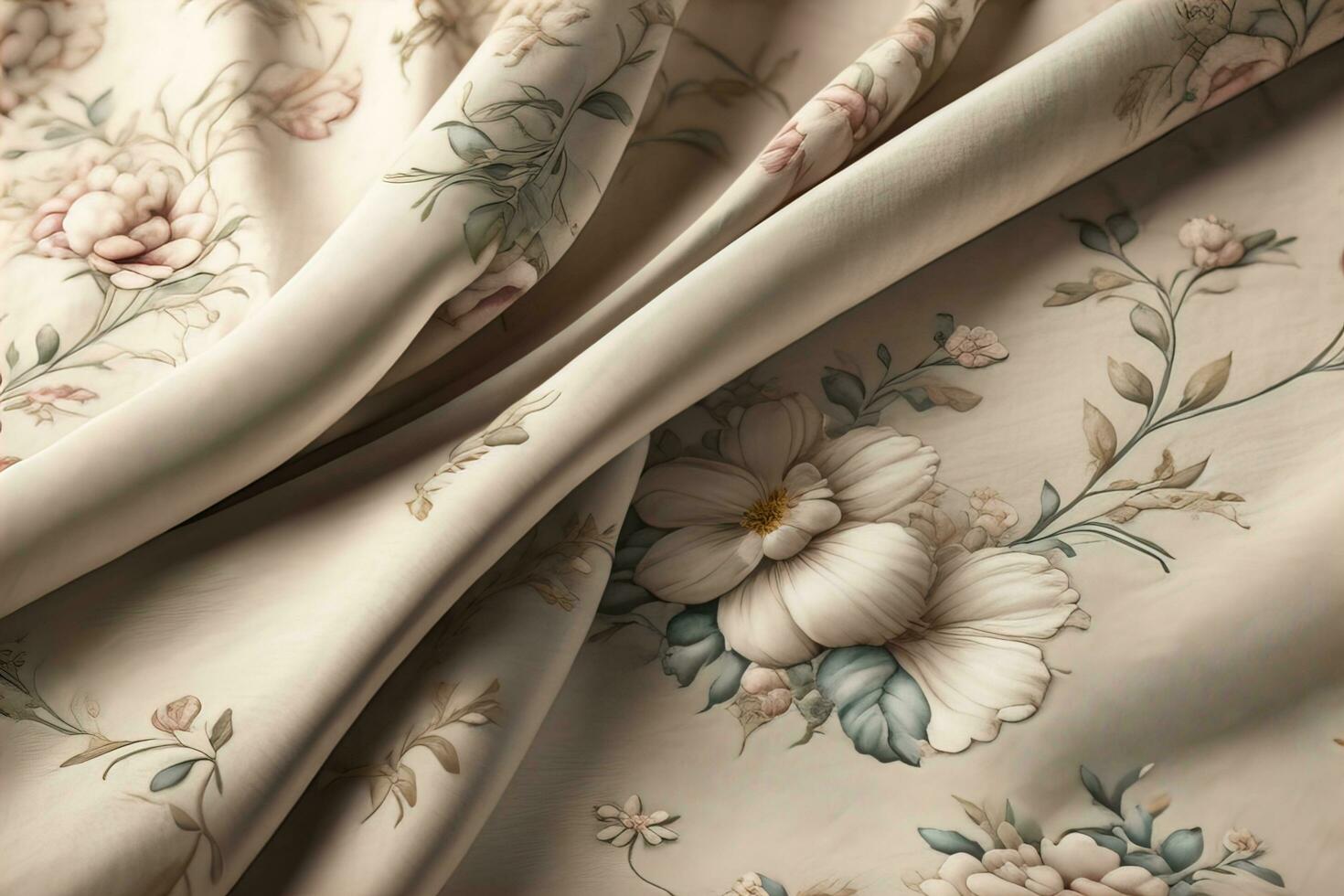 Crumpled beige fabric with floral pattern, closeup view. ai generative photo