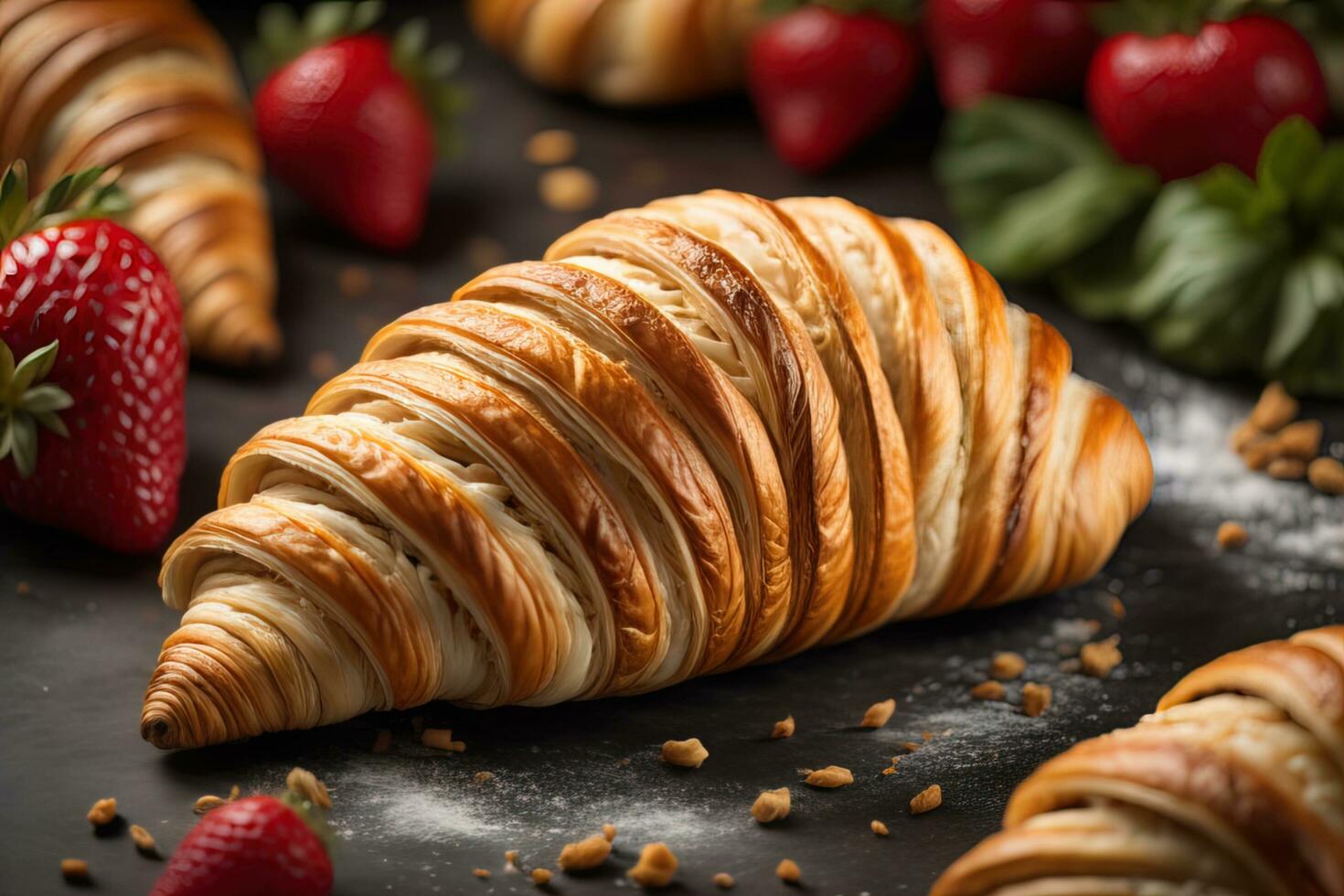 Freshly baked croissants on a wooden table, close up. ai generative photo