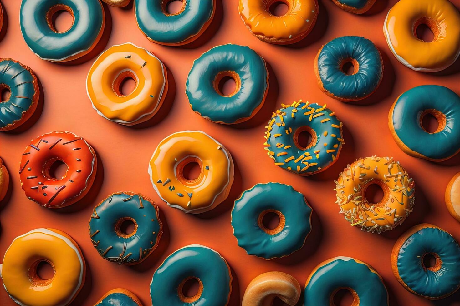 Variety of donuts on a solid color background. Top view. ai generative photo