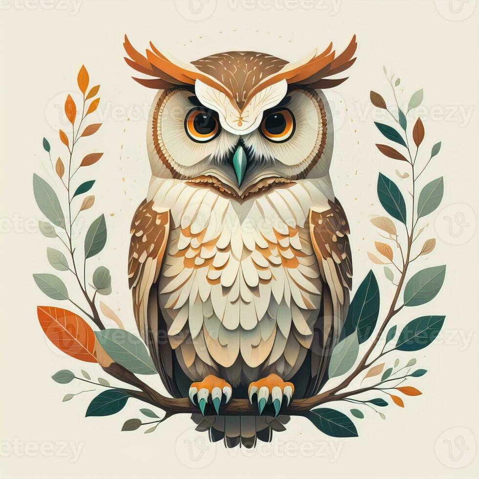Owl sitting on a branch with leaves. Vector illustration in retro style. ai generative photo