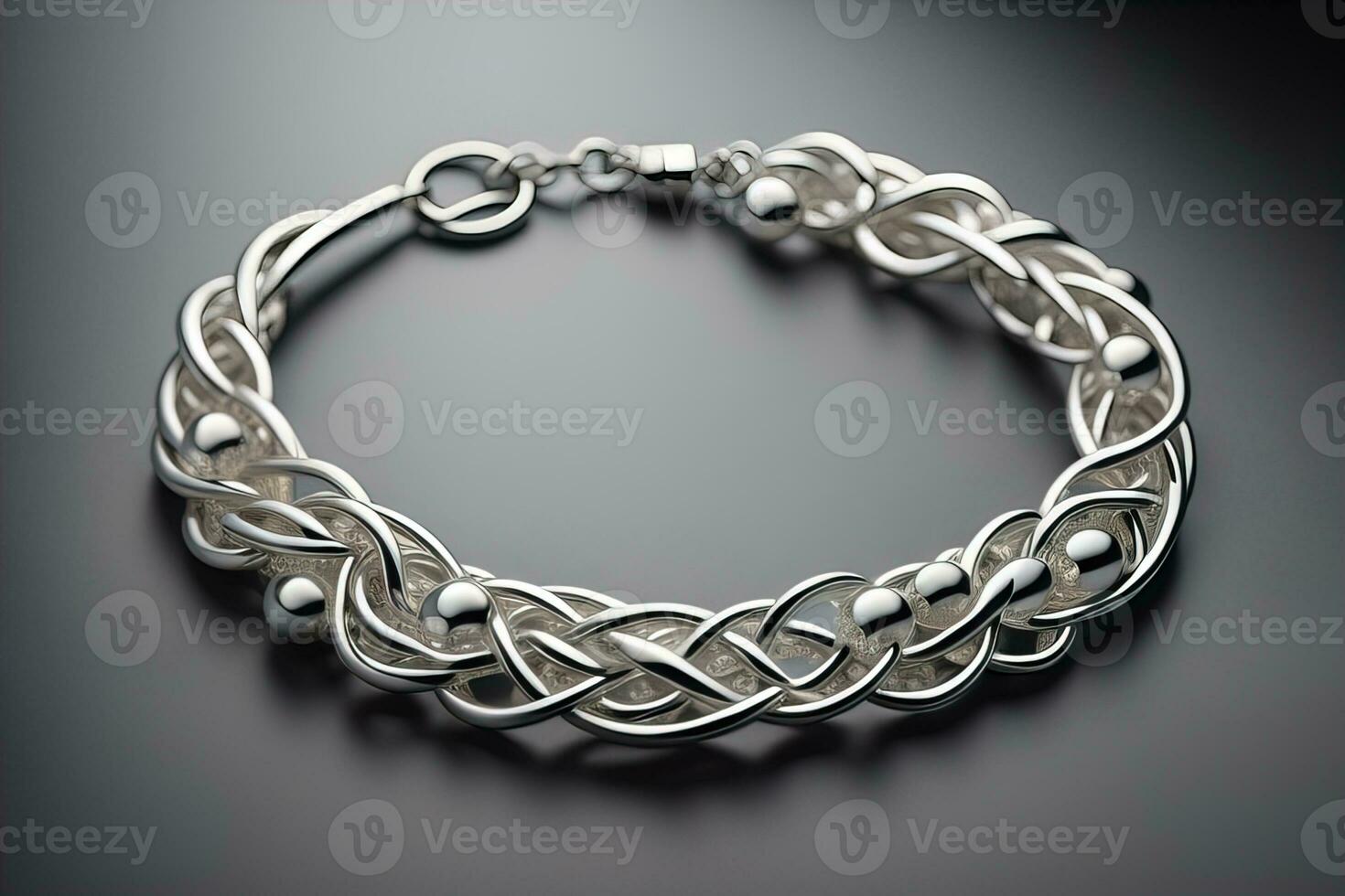 Silver necklace on a solid color background in close-up. ai generative photo