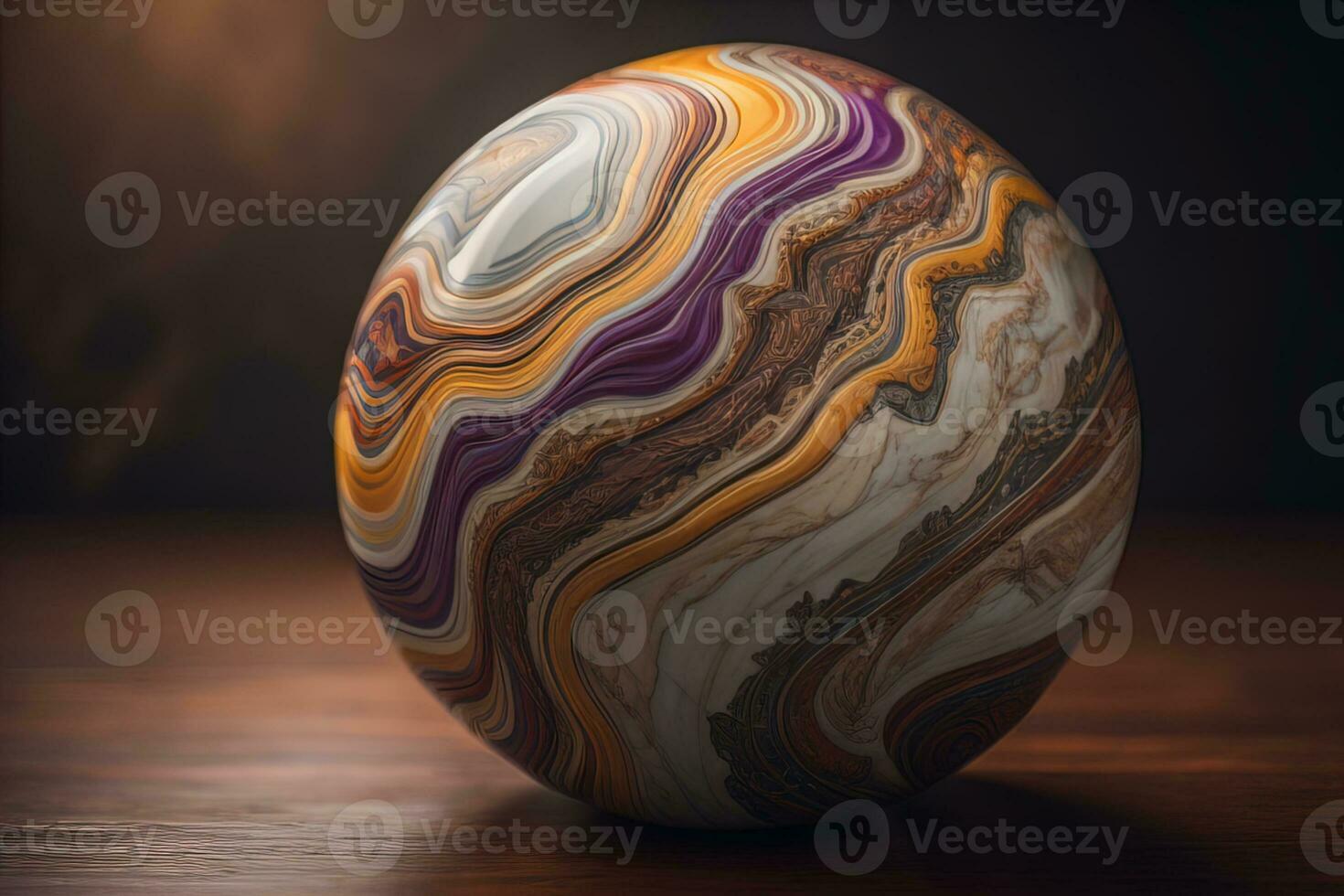 Colorful marble ball on a solid colour background. Close-up. ai generative photo