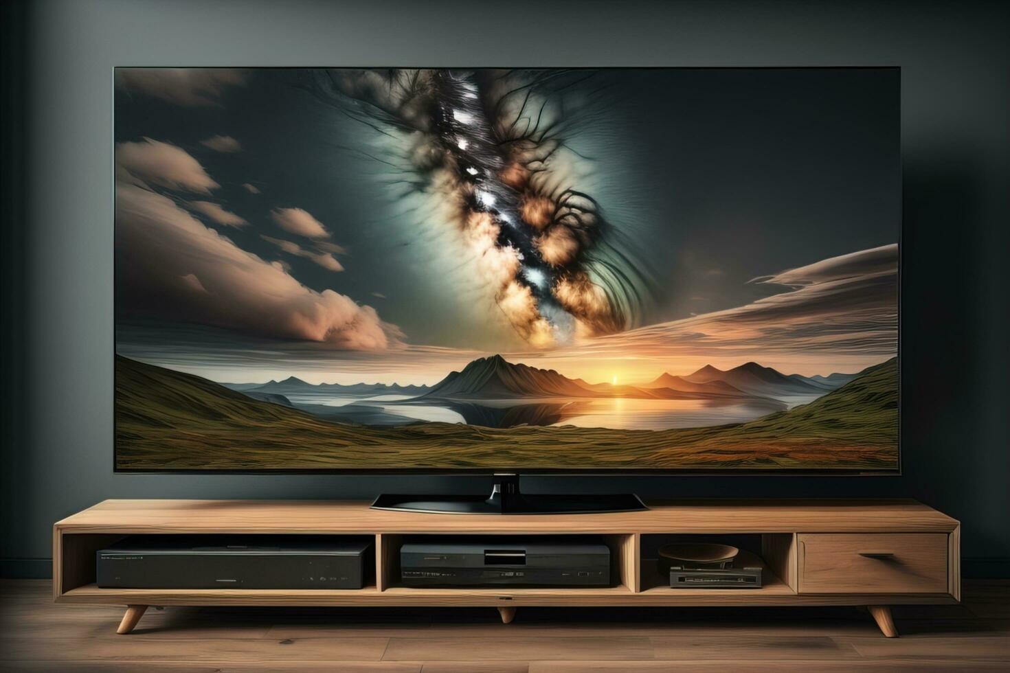 TV on the wooden cabinet in modern living room. ai generative photo