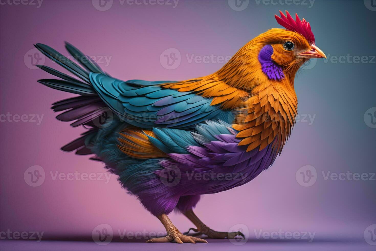 Colorful chicken on a solid color background, studio photo. ai generative photo