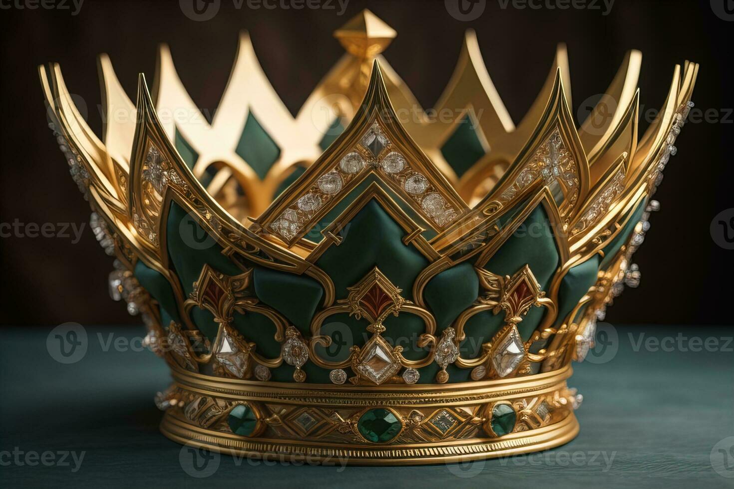 low key image of beautiful golden queen, king crown. ai generative photo