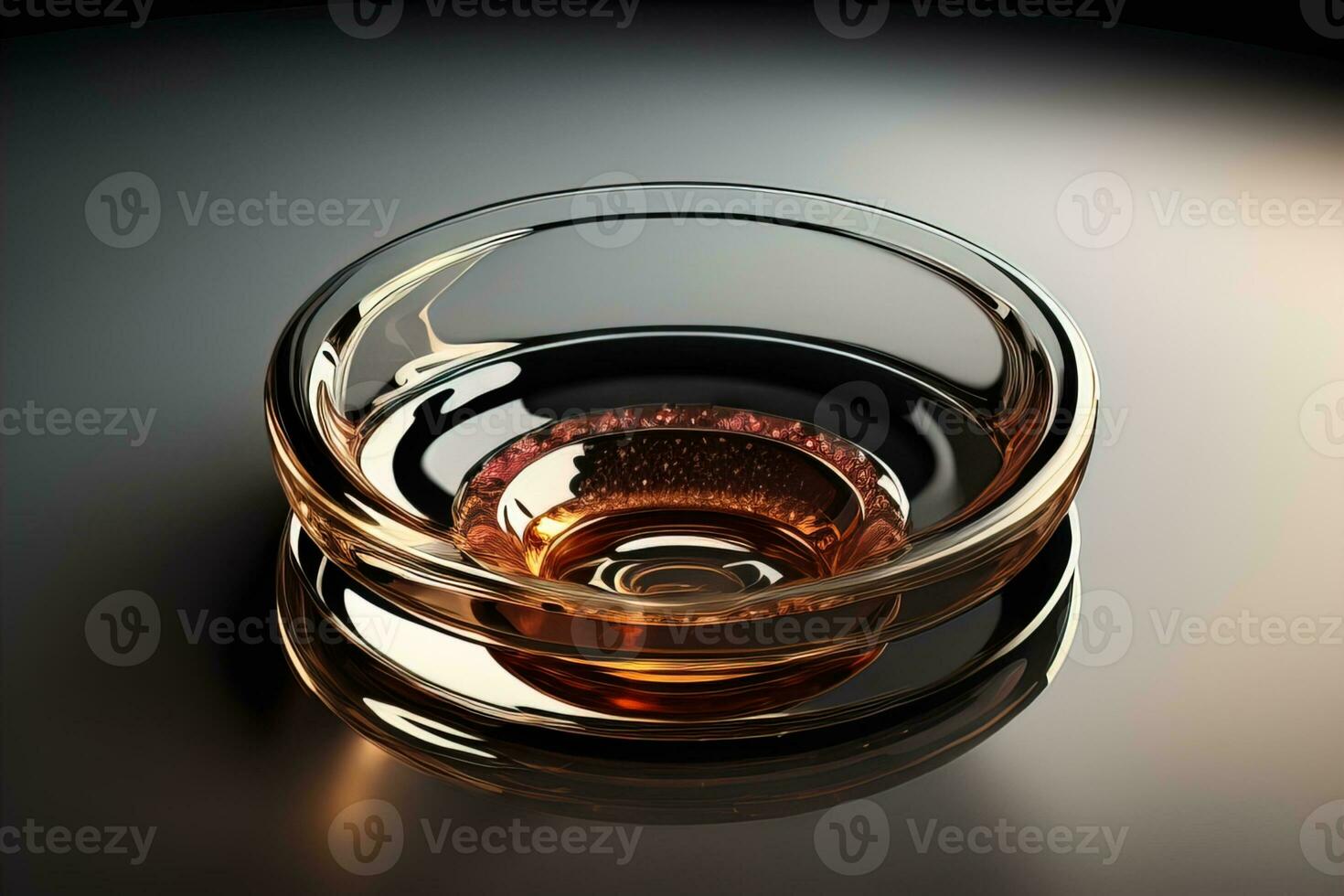 Empty glossy transparent ashtray on a dark background. ai generative photo