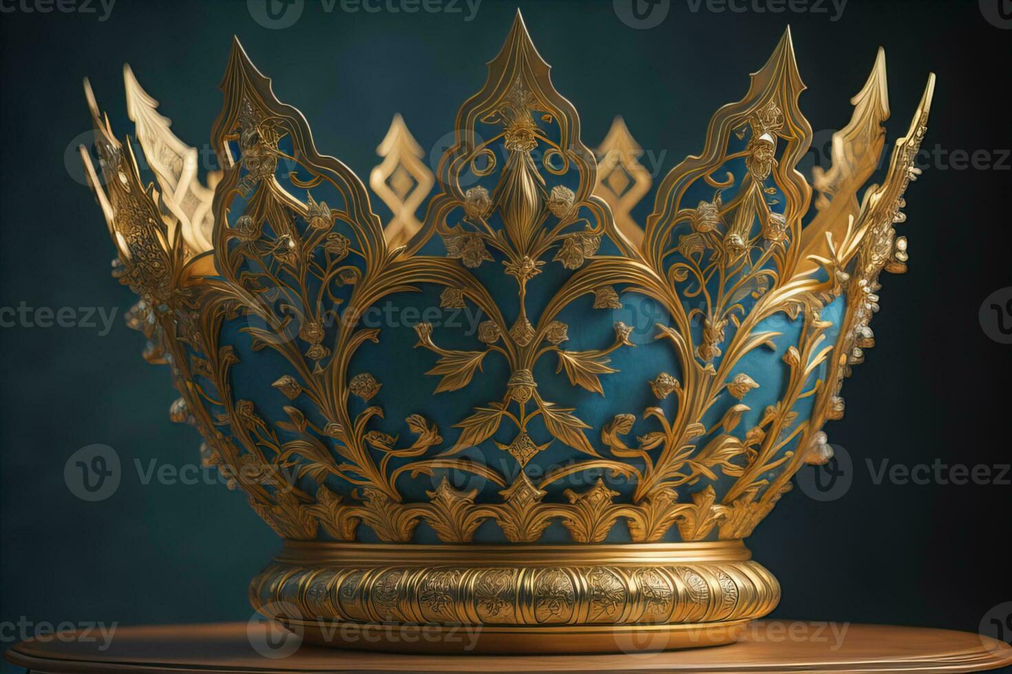low key image of beautiful golden queen, king crown. ai generative photo