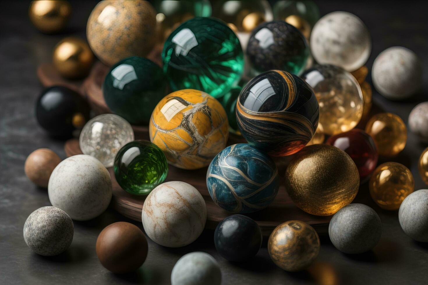 Colorful Variety of marbles as a background, top view, close up. ai generative photo