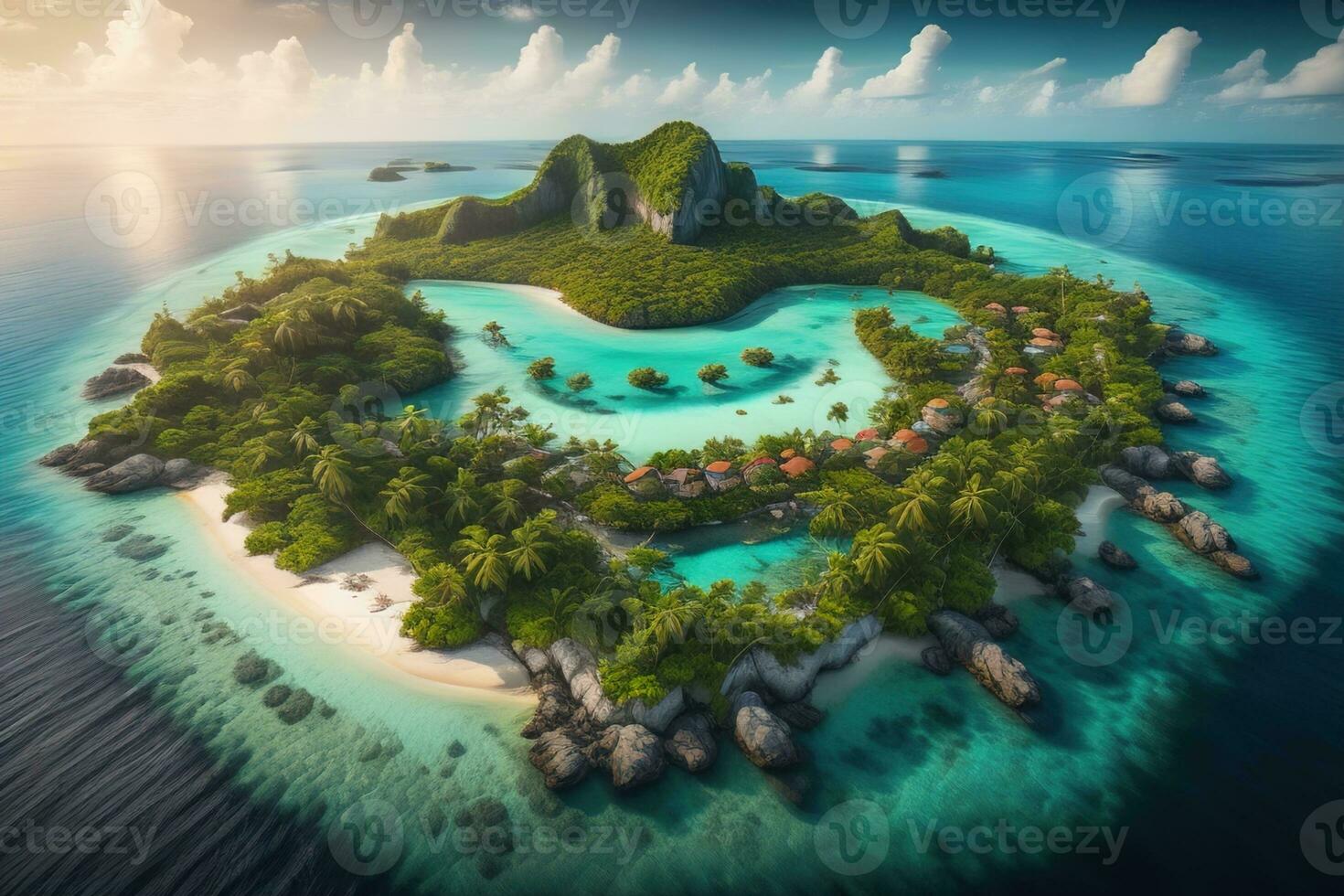 Tropical island with palm trees and sand beach. ai generative photo