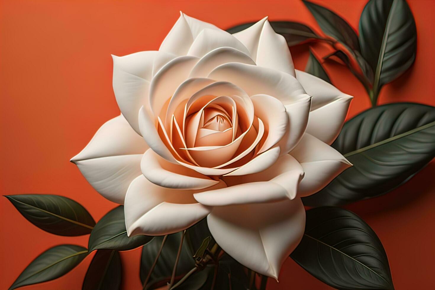 White rose with green leaves on a solid color background, top view. ai generative photo