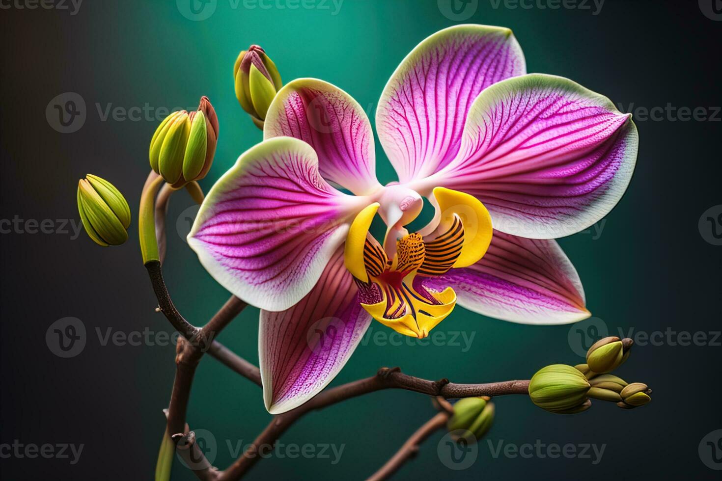 Close up of beautiful orchid flower on dark background, studio shot. ai generative photo
