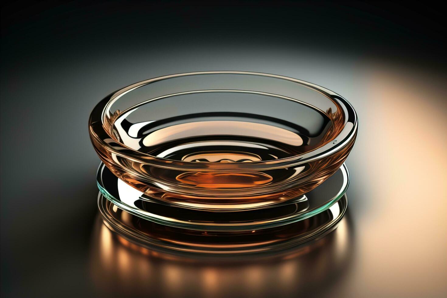 Empty glossy transparent ashtray on a dark background. ai generative photo