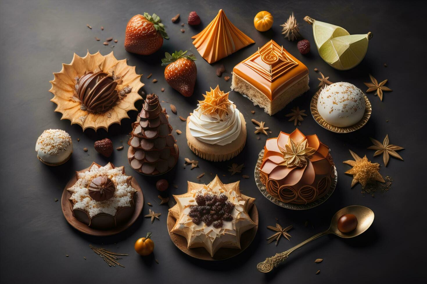 Homemade cakes on a solid colors background, top view. ai generative photo