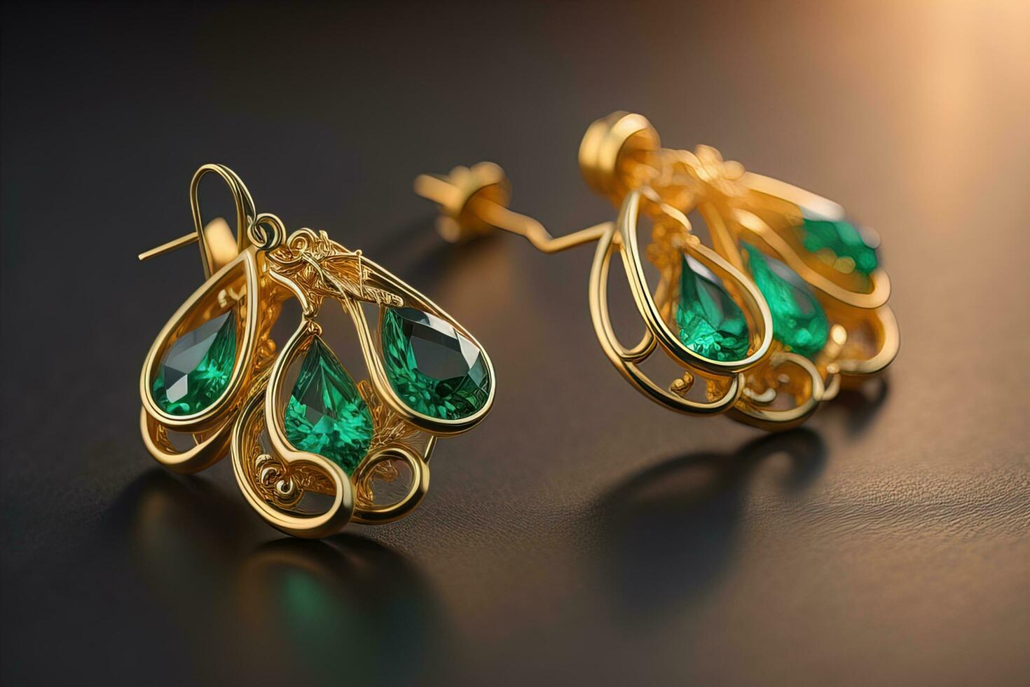 Earrings made of gold on a solid color background close up. ai generative photo