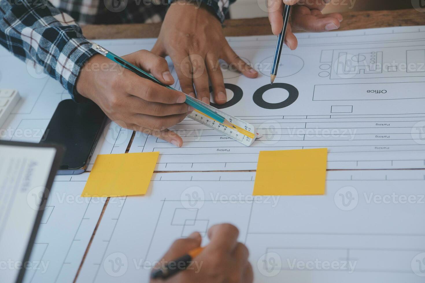 Construction and structure concept of Engineer or architect meeting for project working with partner and engineering tools on model building and blueprint in working site, contract for both companies. photo
