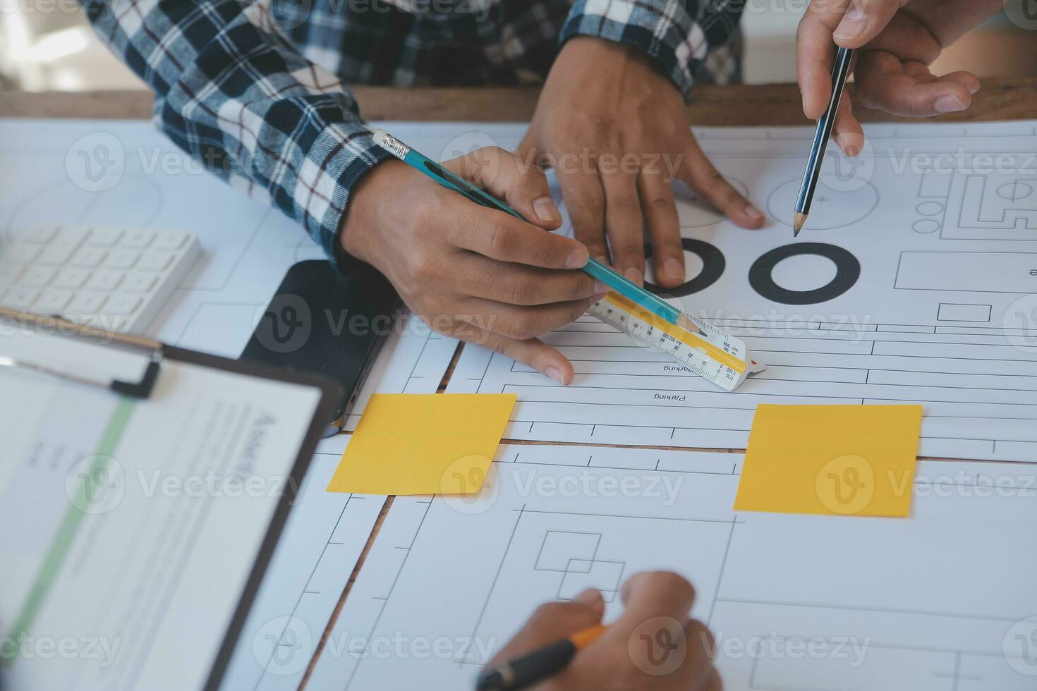 Construction and structure concept of Engineer or architect meeting for project working with partner and engineering tools on model building and blueprint in working site, contract for both companies. photo