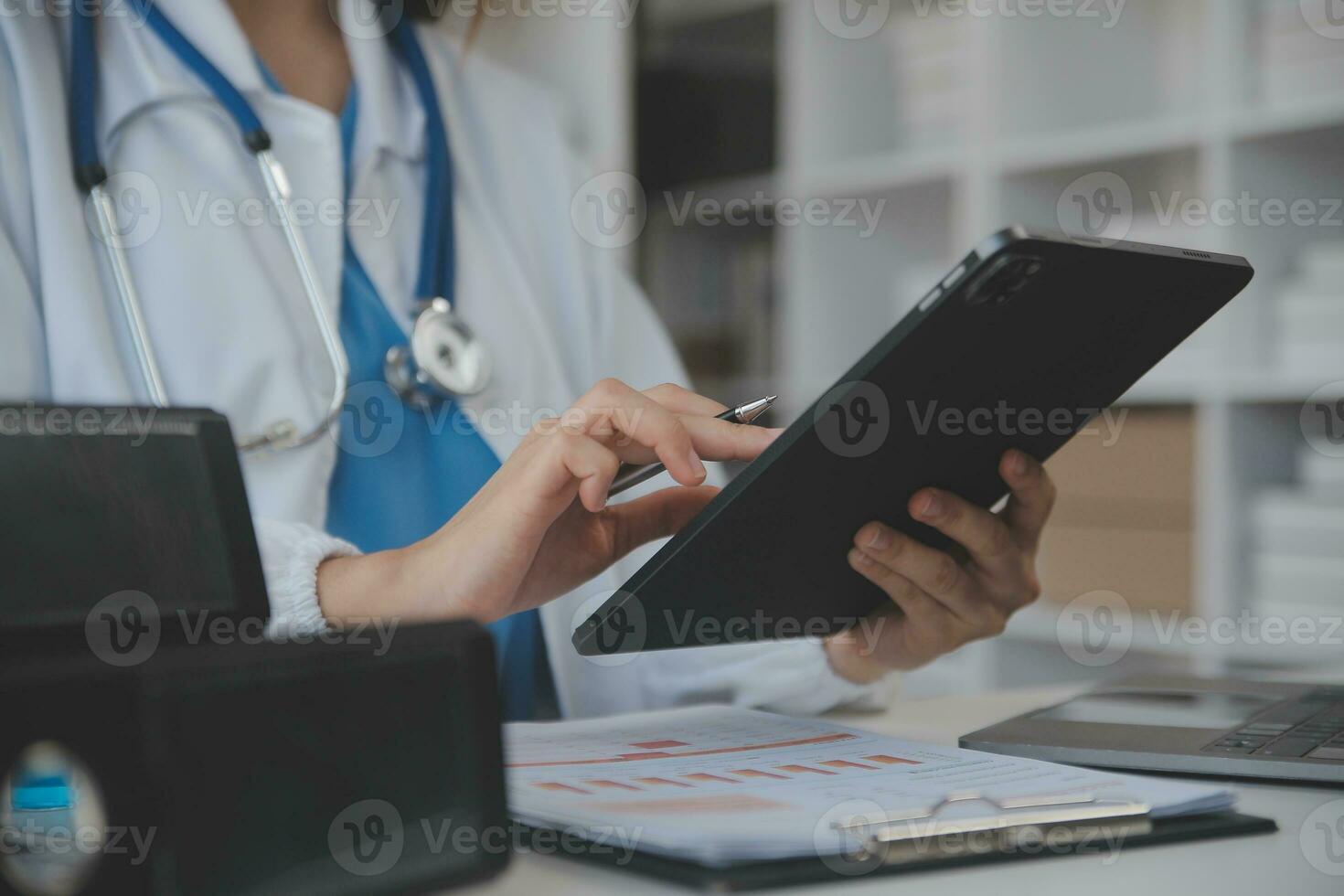 Professional lab. Amazing longhaired medical worker wearing uniform while using microscope during research photo
