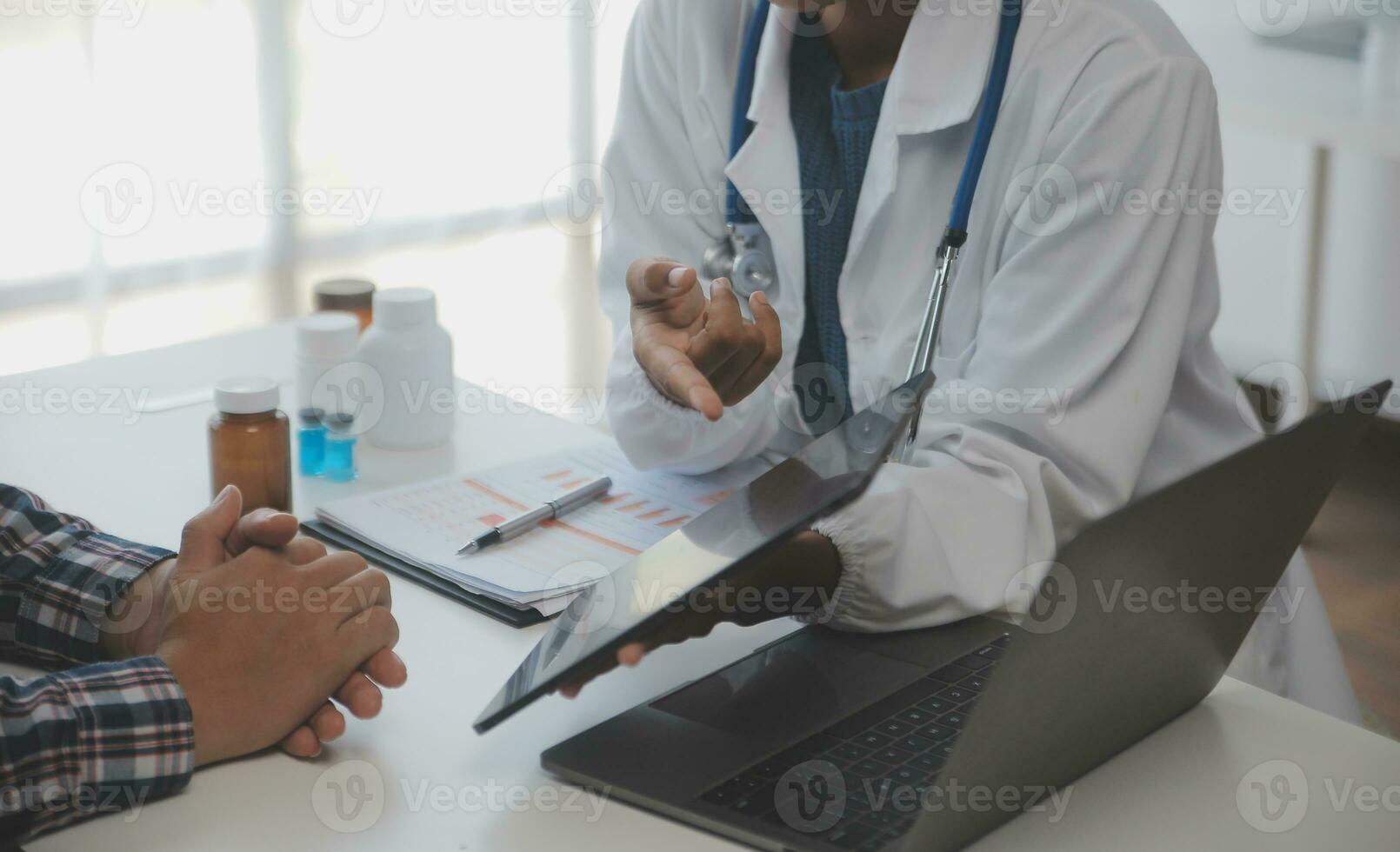 Professional lab. Amazing longhaired medical worker wearing uniform while using microscope during research photo